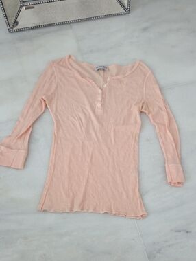 Michael Stars Peach Ribbed Henley Long Sleeve Top